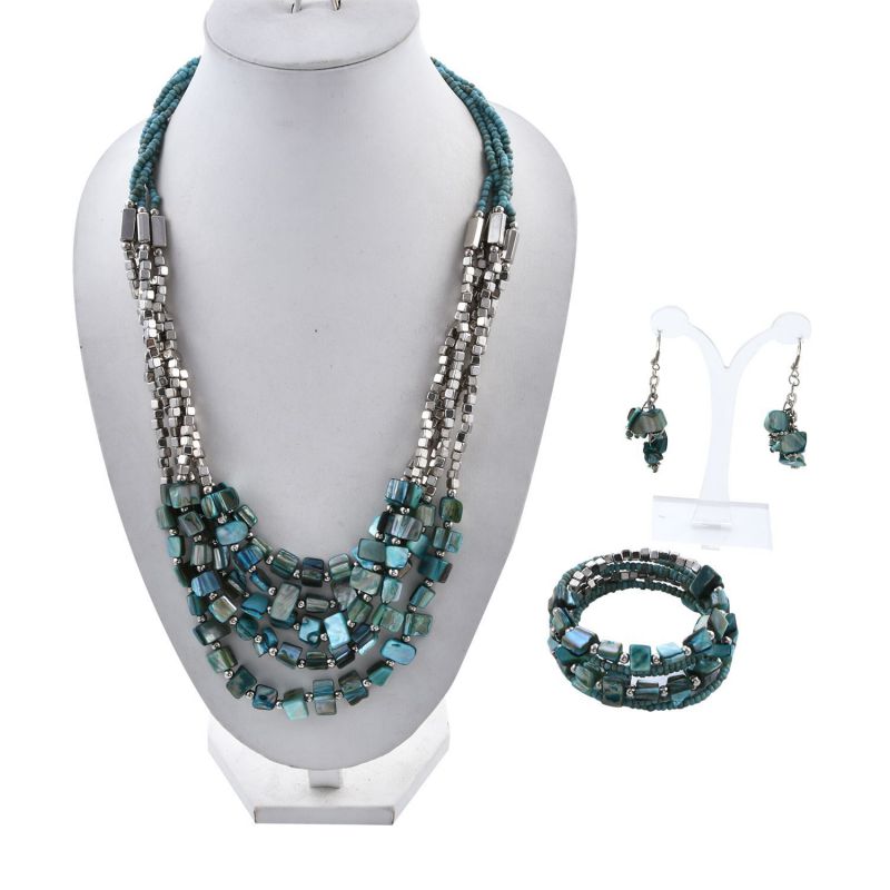 Fashion Suit Colorful Shell Beaded Multi-layered Necklace Earrings And Bracelet Set 