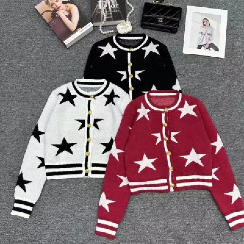 Fashion White Knitted Contrast Star Single-breasted Cardigan 
