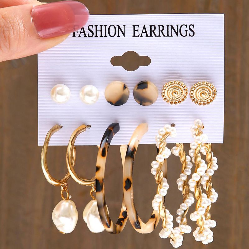 Fashion Gold Alloy Geometric Pearl Wrap Earrings Set 