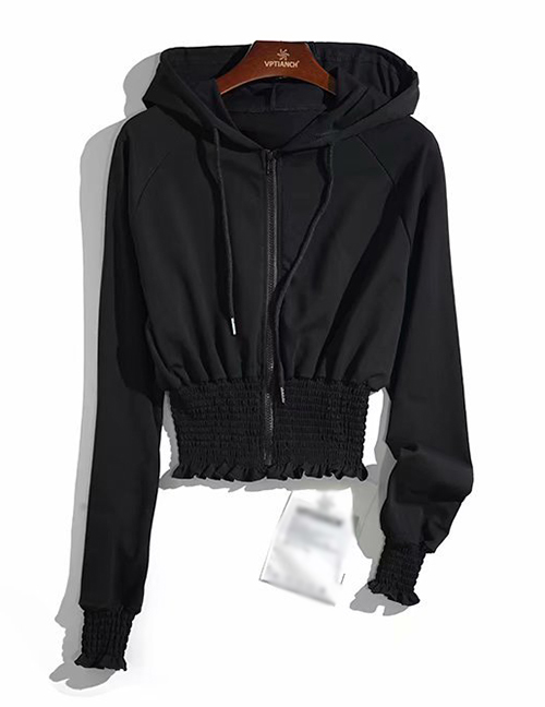 Fashion Black V-neck Hooded Sweatshirt With Elastic Zip:Asujewelry.com