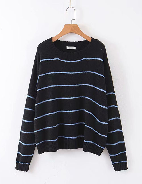 Fashion Black Striped Crew Neck Sweater:Asujewelry.com