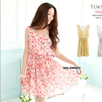 Rubber Pink Flower Cotton Long Dress:Asujewelry.com