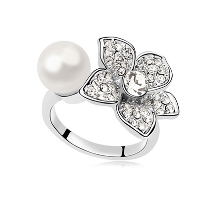 Promise White Pearl Flower Decorated Design Pearl Crystal Rings ...