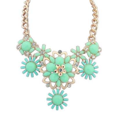Letterhead Green Gemstone Decorated Flower Design Alloy Bib Necklaces ...