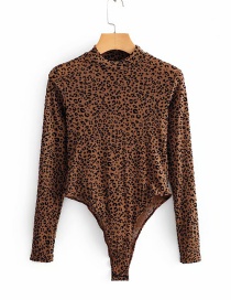 Fashion Leopard Coffee Color Stand-up Collar Silk Screen Bodysuit