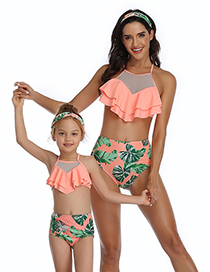 Fashion Orange Blossom Printed Stitching Double Lotus Leaf Parent-child Bikini Children