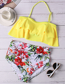 Fashion Yellow Printed Ruffled Plus Size High Waist Split Swimsuit