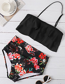 Fashion Black Printed Ruffled Plus Size High Waist Split Swimsuit