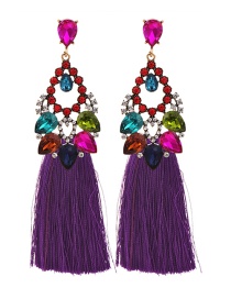 Fashion Purple Alloy Rhinestone Hollow Water Drop Long Tassel Stud Earrings