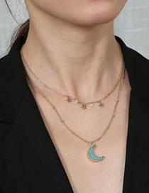 Fashion Blue Chain Moon Little Star Resin Double Necklace