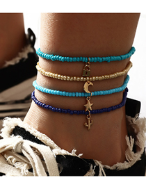 Fashion Blue Lock Shaped Geometric Pendant Hand Woven Rice Bead Multilayer Anklet