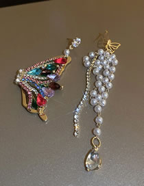 Fashion Gold Color Alloy Diamond Butterfly Pearl Asymmetric Drop Earrings