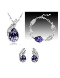 Fashion Deep Purple Alloy Geometric Diamond Bracelet Stud Necklace Set