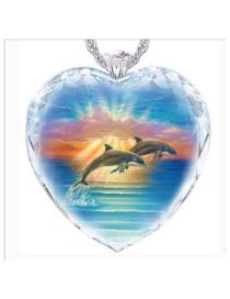 Fashion Double Dolphin Geometric Glass Heart Double Dolphin Necklace