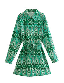 Fashion Green Print Printed Shirt Long Sleeve Lace Dress
