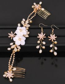 Fashion Gold Metal Diamond Pearl Braided Flower Headband Earring Set