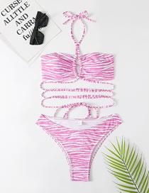 Fashion Rose Red Polyester Print Halter Neck Tie One Piece Swimsuit