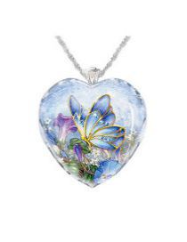 Fashion Morning Glory Blue Butterfly Alloy Print Heart Necklace