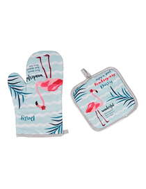 Fashion 1# Flamingo Printed Oven Heat Insulation Gloves 2-piece Set