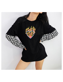 Fashion Black Flame Print Checkerboard Stitching Long Sleeves