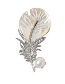 Fashion Silver Color Copper Inlaid Zirconium Pearl Feather Brooch