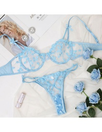 Fashion Sky Blue Lace Crocheted Perspective Bowknot Underwear Set