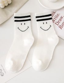 Fashion White 2 Bars Smiley Embroidered Cotton Tube Socks
