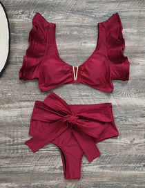 Fashion Wine Red Polyester Ruffle Tie Split Swimsuit