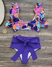 Fashion Pink Orange Flower + Blue Bottoms Polyester Print Ruffle Split Swimsuit