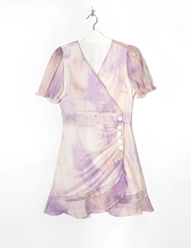 Fashion Purple Geometric Tie-dye V-neck Ruffle Dress
