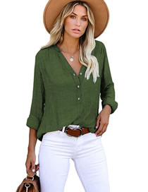 Fashion Green Polyester V-neck Button-up Shirt