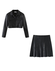 Fashion Black Polyester Lapel Jacket Pleated Skirt Set