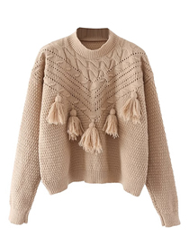 Fashion Khaki Fringed Panel Pullover Sweater