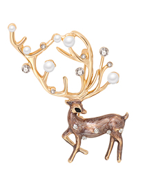 Fashion Gold Alloy Inlaid Pearl Drip Oil Christmas Deer Brooch  Alloy