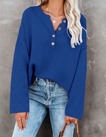 Fashion Denim Blue V-neck Button Knit Bat Sleeve Sweater