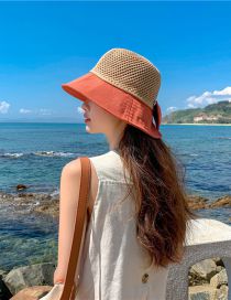 Fashion Orange Openwork Woven Sun Hat With Large Brim And Bow