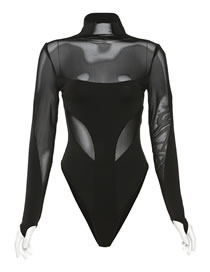 Fashion Black Net Yarn Stitching Perspective Long -sleeved Jacket