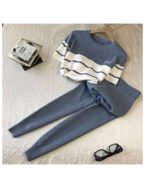 Fashion Blue Acrylic Color Knitted Short -sleeved Loose Pants Set