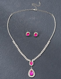 Fashion Rose Red Geometric Diamond Oval Drop Necklace And Stud Earrings Set