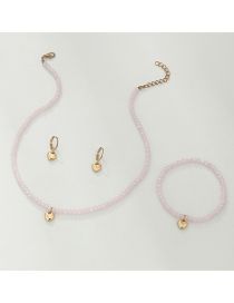 Fashion Pink Metal Geometric Crystal Beaded Heart Necklace Earrings Bracelet Set