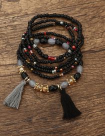 Fashion Black Beaded Tassel Layered Bracelet Set With Rice Beads