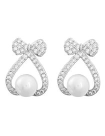 Fashion Silver Alloy Diamond And Pearl Heart Bow Stud Earrings
