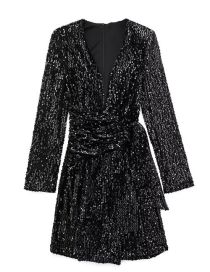 Fashion Black Solid Color Sequined V-neck Dress