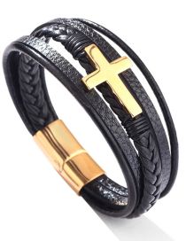 Fashion Gold-23cm Titanium Cross Leather Braided Bracelet