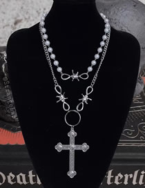 Fashion Silver Metal Pearl Chain Bow Cross Double Necklace