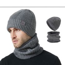 Fashion Grey Acrylic Knitted Patch Beanie And Scarf Set