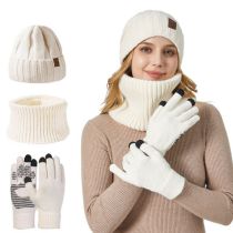 Fashion White Acrylic Knitted Scarf And Beanie Five-finger Gloves Three-piece Set