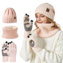 Fashion Pink Acrylic Knitted Scarf And Beanie Five-finger Gloves Three-piece Set