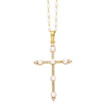 Fashion A Copper Set Zirconium Pearl Cross Necklace