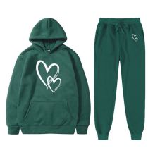 Fashion Dark Green 2 Polyester Printed Hooded Sweatshirt Lace-up Trousers Track Suit